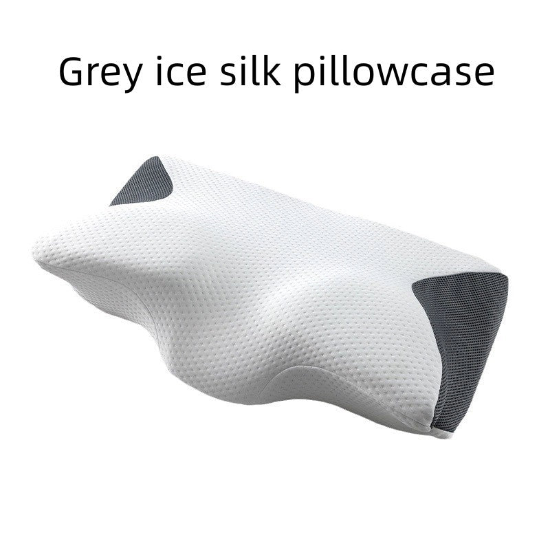 Bull Horn Memory Sleep Pillow – Ergonomic Neck Support for Deep Rest Grey ice silk pillowcase