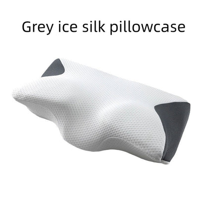 Bull Horn Memory Sleep Pillow – Ergonomic Neck Support for Deep Rest Grey ice silk pillowcase