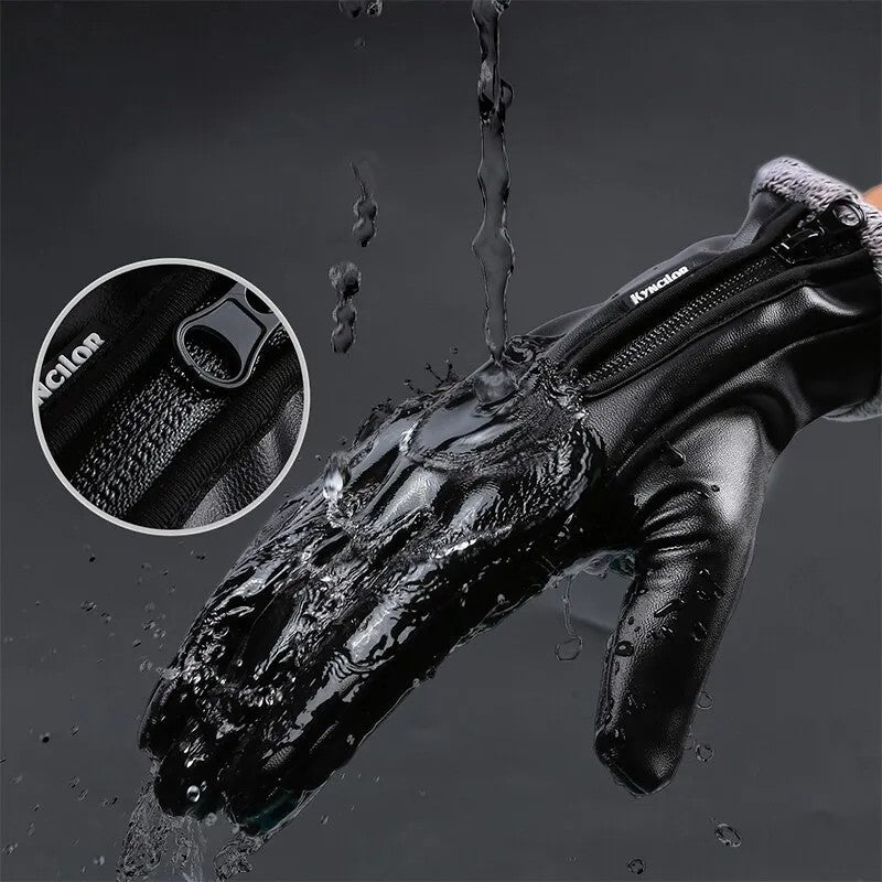Windproof & Waterproof Zipper Leather Gloves – Stylish Outdoor Protection