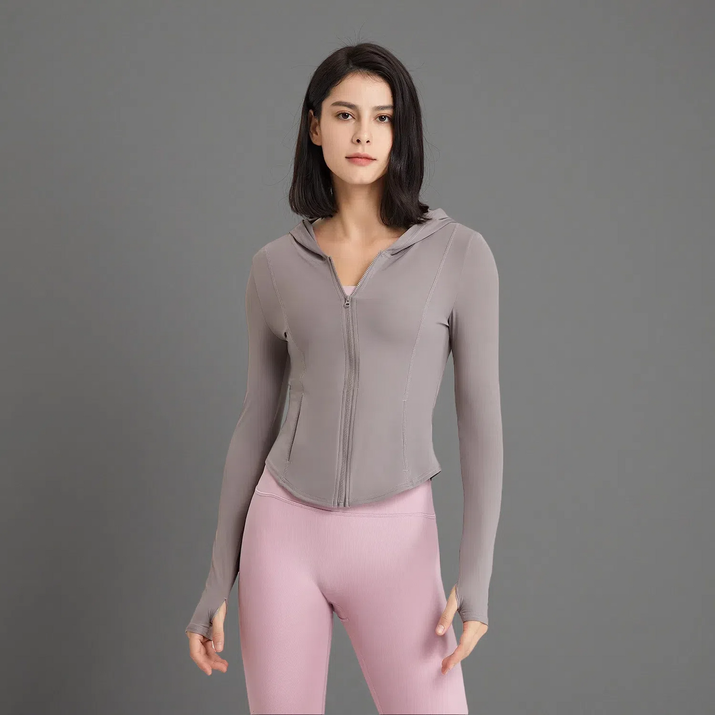 Women's Hooded Running Top – Lightweight Zip-Up Workout Jacket Rose Gray