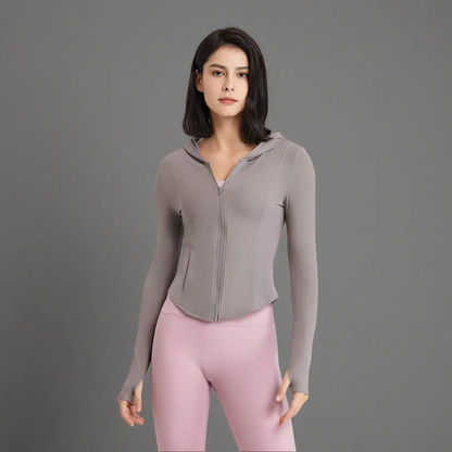 Women's Hooded Running Top – Lightweight Zip-Up Workout Jacket Rose Gray