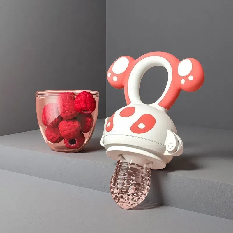 Teething Feeder Bag – Silicone Baby Fruit Supplement & Teether Stick for 6+ Months Khaki Red