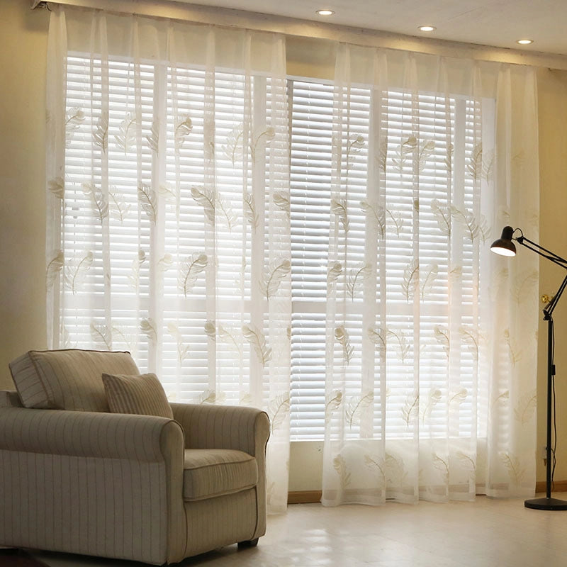 Feather White Embroidered Window Screen – Elegant Light-Filtering Vertical Curtain