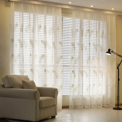Feather White Embroidered Window Screen – Elegant Light-Filtering Vertical Curtain