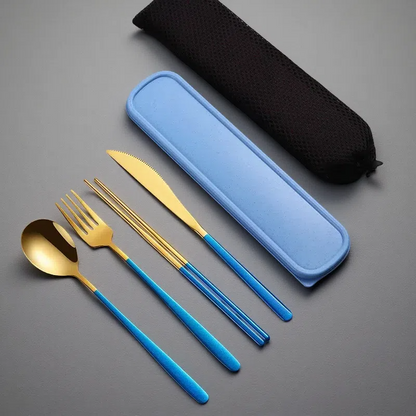 304 Stainless Steel Dinnerware Set – Portable Gold Flatware with Travel Case Golden blue