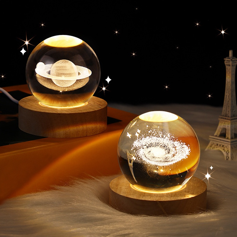 Luminous Crystal Ball Projection Ambience Light – Cartoon Style Wooden Base with Warm USB-Powered Glow