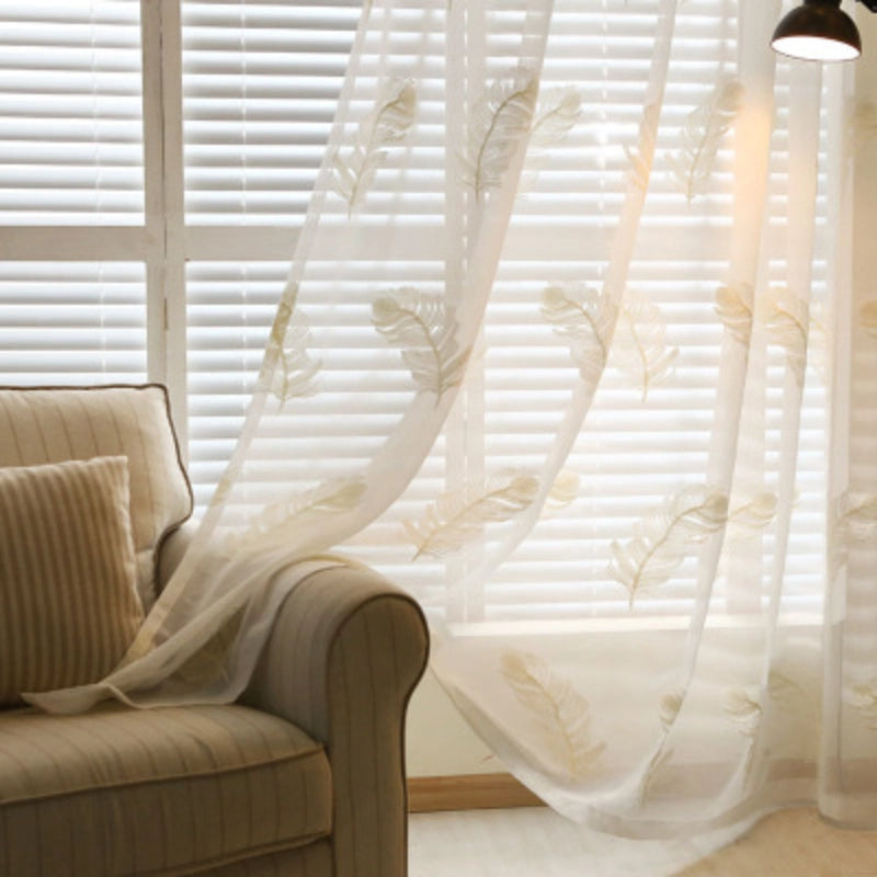 Feather White Embroidered Window Screen – Elegant Light-Filtering Vertical Curtain White