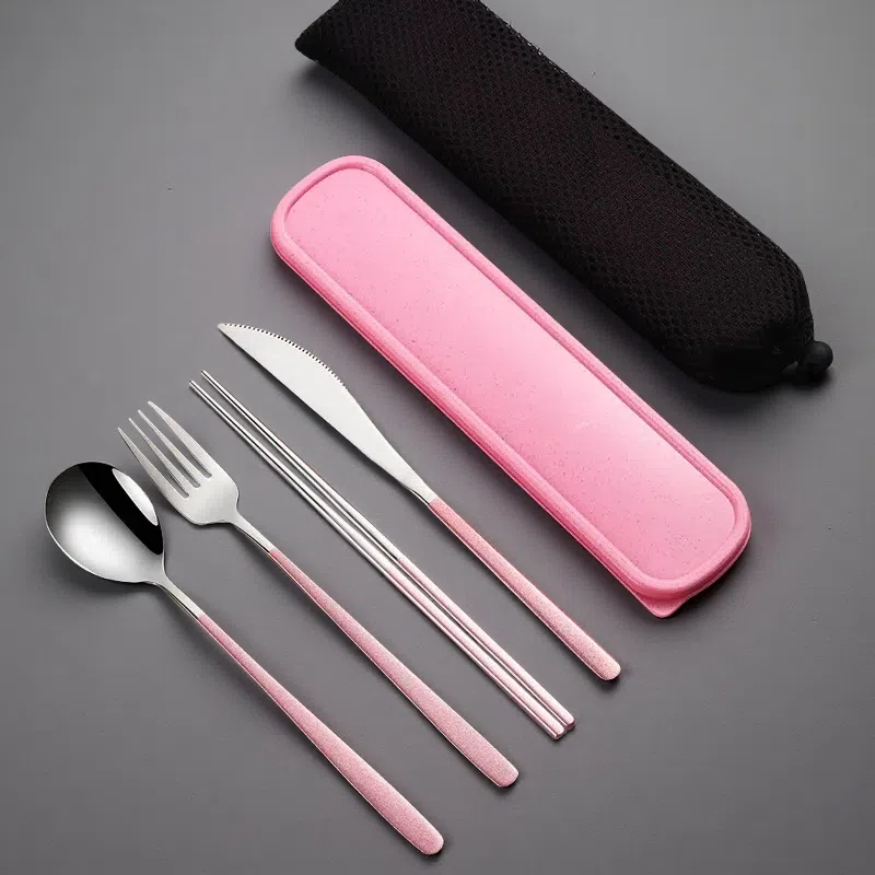 304 Stainless Steel Dinnerware Set – Portable Gold Flatware with Travel Case Silver pink