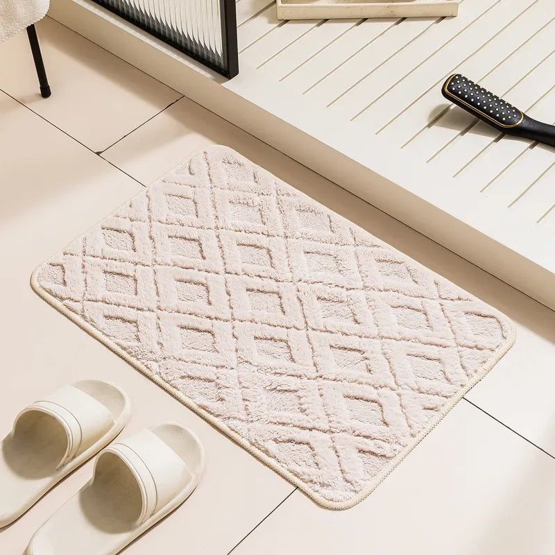 Rhombus Plush Absorbent Floor Mat – Soft & Machine Washable Bathroom Door Mat