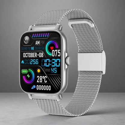 Magnetic Charging Smartwatch – Bluetooth Calling, Stylish Steel Design Silver Steel