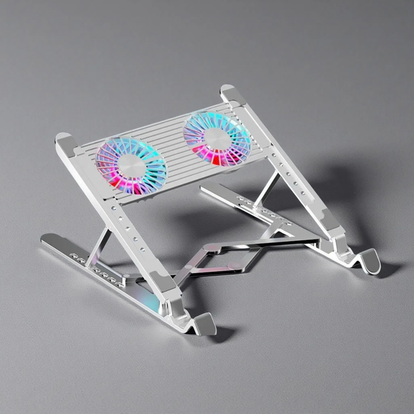 Folding Laptop Stand with Silent Cooling Fans – Adjustable Radiator for Desk & Lap Use | USB-C Charging Twin Fan Aluminum Alloy