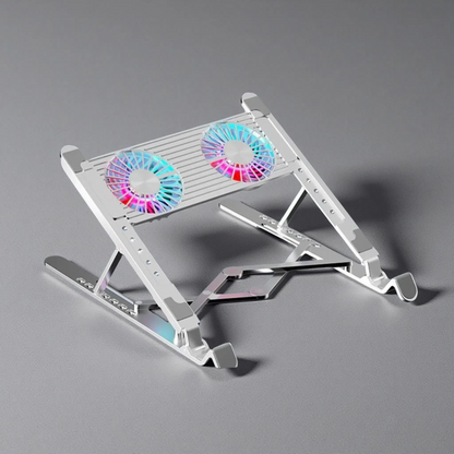 Folding Laptop Stand with Silent Cooling Fans – Adjustable Radiator for Desk & Lap Use | USB-C Charging Twin Fan Aluminum Alloy