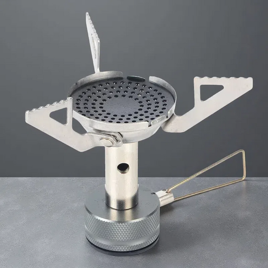 Mini Integrated Gas Camping Stove – Compact One-Piece Outdoor Cooking Burner for Easy Portability Grey