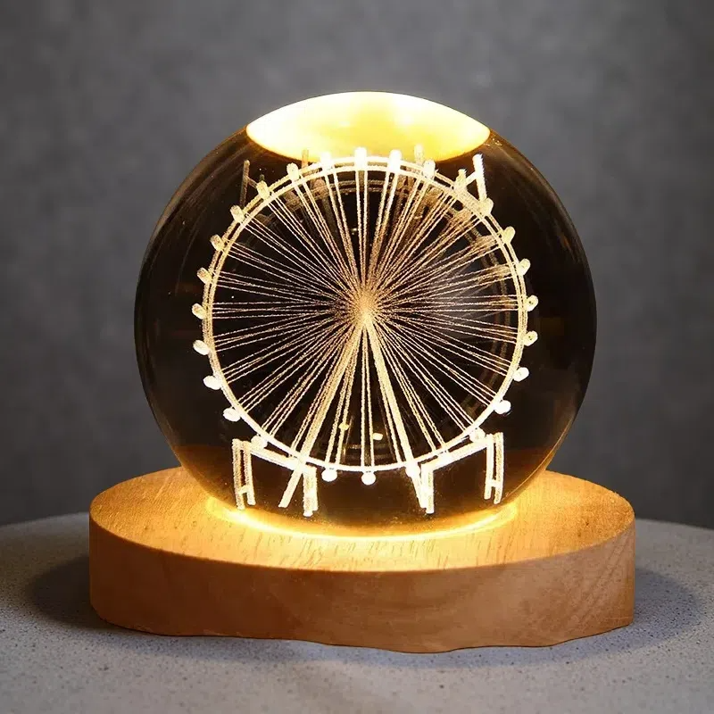 Luminous Crystal Ball Projection Ambience Light – Cartoon Style Wooden Base with Warm USB-Powered Glow Ferris Wheel