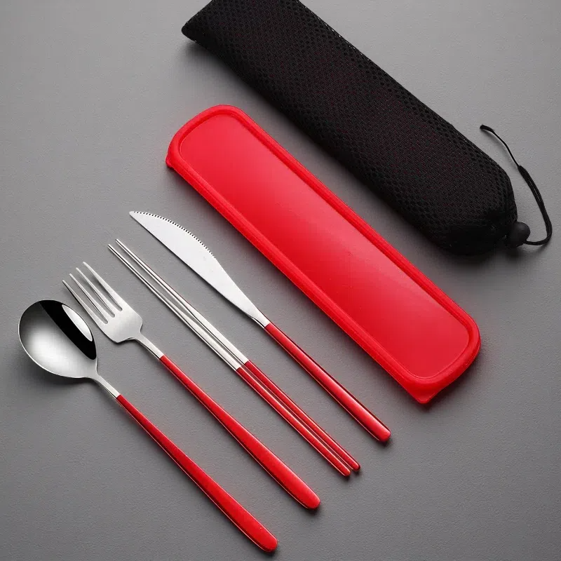 304 Stainless Steel Dinnerware Set – Portable Gold Flatware with Travel Case Silver red