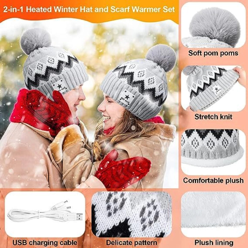 USB Electric Heating Knitted Hat, Scarf & Gloves Set – Keep Warm with Heated Wearables
