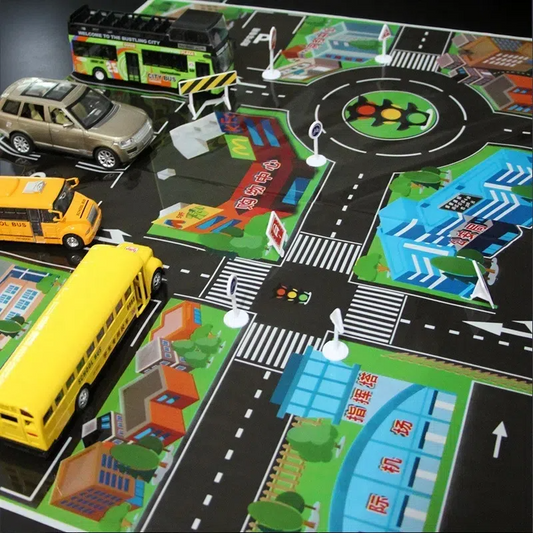Traffic Scene Map Children's Mat – Educational Play Mat with City Roads and Traffic Design Black
