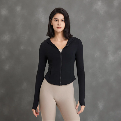 Women's Hooded Running Top – Lightweight Zip-Up Workout Jacket Black