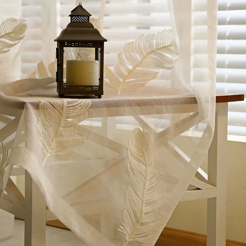 Feather White Embroidered Window Screen – Elegant Light-Filtering Vertical Curtain