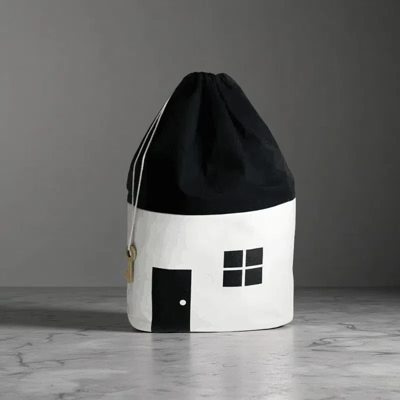 Baby Toy Storage Bag & Play Mat – Large Canvas Organizer with Cute House Design White