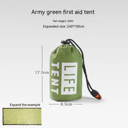 Portable Outdoor Disaster Relief Tent & Emergency Sleeping Bag Set – Lightweight 4-Season Shelter with Survival Accessories Green