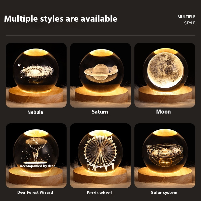 Luminous Crystal Ball Projection Ambience Light – Cartoon Style Wooden Base with Warm USB-Powered Glow