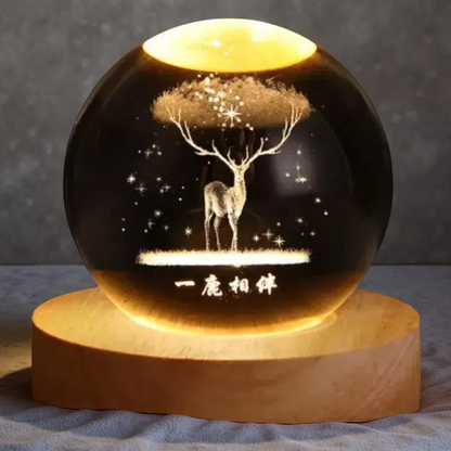 Luminous Crystal Ball Projection Ambience Light – Cartoon Style Wooden Base with Warm USB-Powered Glow Deer Forest Wizard