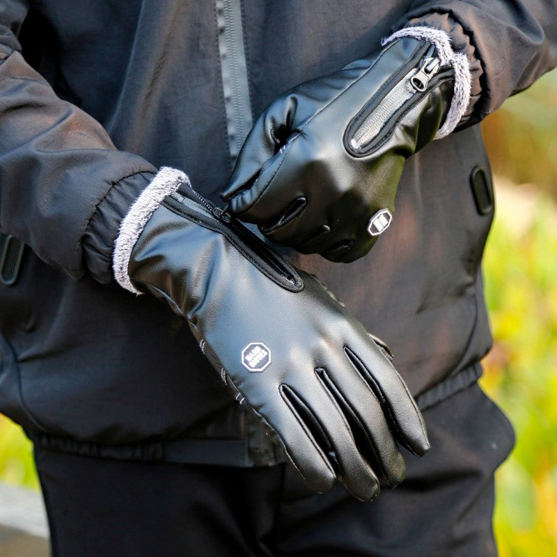 Windproof & Waterproof Zipper Leather Gloves – Stylish Outdoor Protection