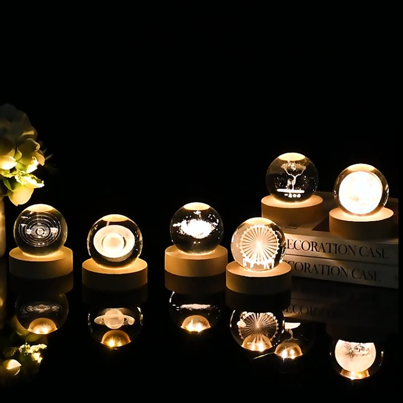 Luminous Crystal Ball Projection Ambience Light – Cartoon Style Wooden Base with Warm USB-Powered Glow