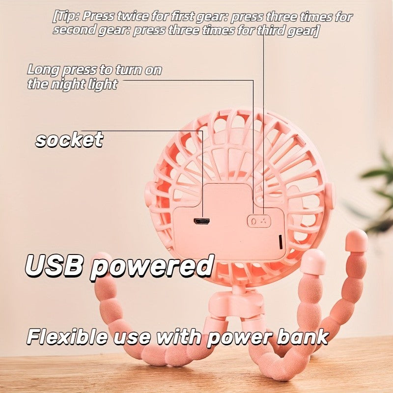 Portable USB Mini Octopus Fan – Adjustable Tripod Fan with LED Light for Stroller, Desk & More