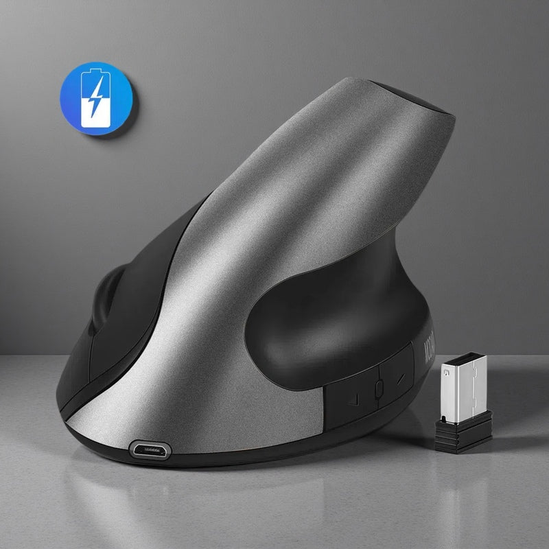 Ergonomic 2.4G Wireless Silent Mouse – Optical Design, 1600 DPI, 6 Buttons Silver grey rechargeable USB